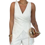 Linen Sleeveless V-neck Top and Loose Shorts Set