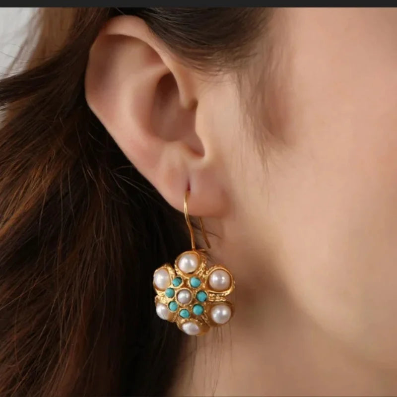 PENDIENTES VINTAGE PERLA & TURQUESA RACIMO
