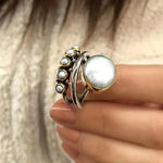 CONJUNTO ELEGANTE PLATA PERLA À EMPILER SUPERPUESTO ANILLO