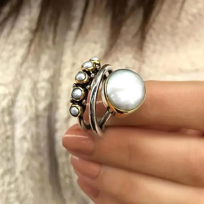 CONJUNTO ELEGANTE PLATA PERLA À EMPILER SUPERPUESTO ANILLO