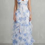 Sestina – Sheer floral cascade – Ruffled evening maxi dress