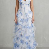 Sestina – Sheer floral cascade – Ruffled evening maxi dress