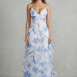 Sestina – Sheer floral cascade – Ruffled evening maxi dress