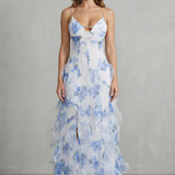 Sestina – Sheer floral cascade – Ruffled evening maxi dress