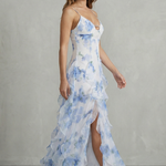 Sestina – Sheer floral cascade – Ruffled evening maxi dress