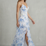 Sestina – Sheer floral cascade – Ruffled evening maxi dress
