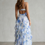 Sestina – Sheer floral cascade – Ruffled evening maxi dress