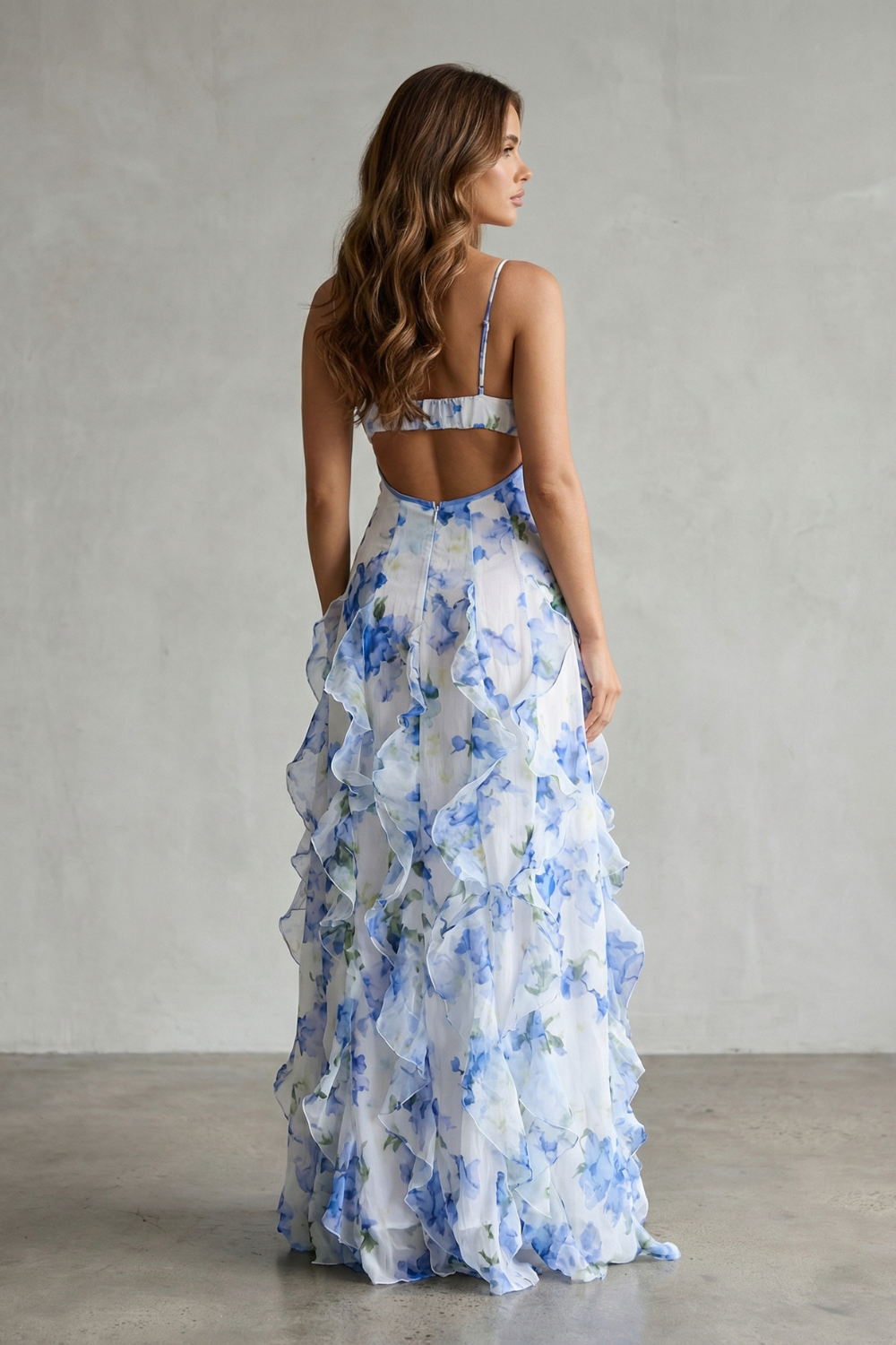 Sestina – Sheer floral cascade – Ruffled evening maxi dress