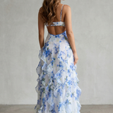 Sestina – Sheer floral cascade – Ruffled evening maxi dress