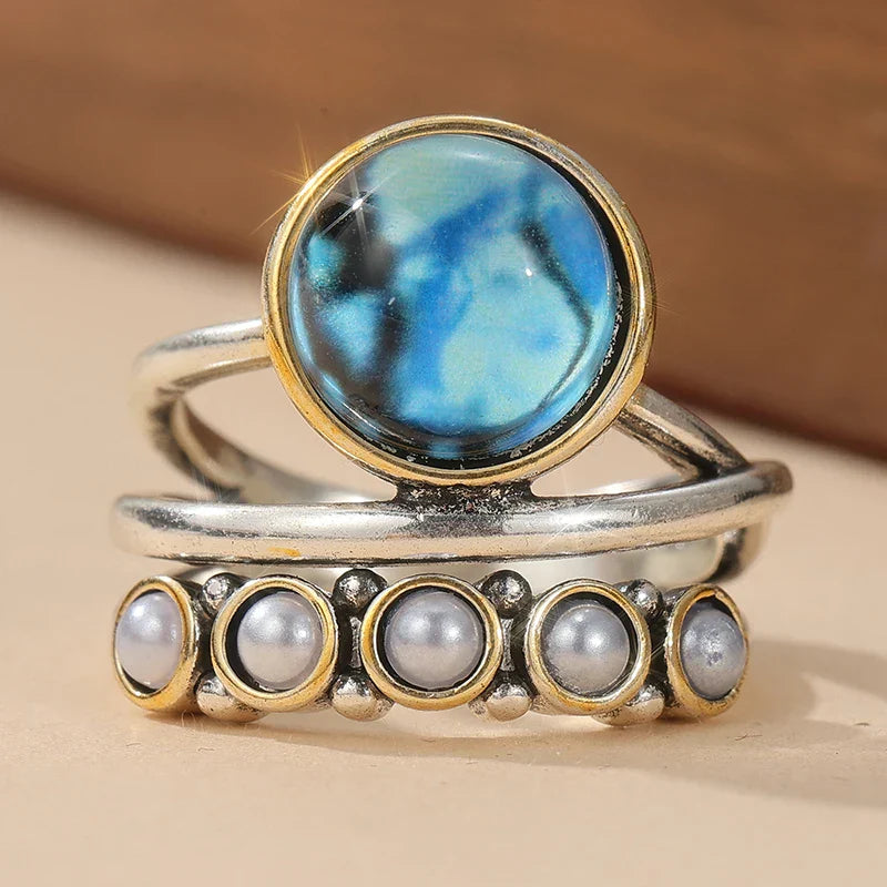 ANILLO OCÉAN AZUL NACRE ABALONE & PERLA À EMPILER