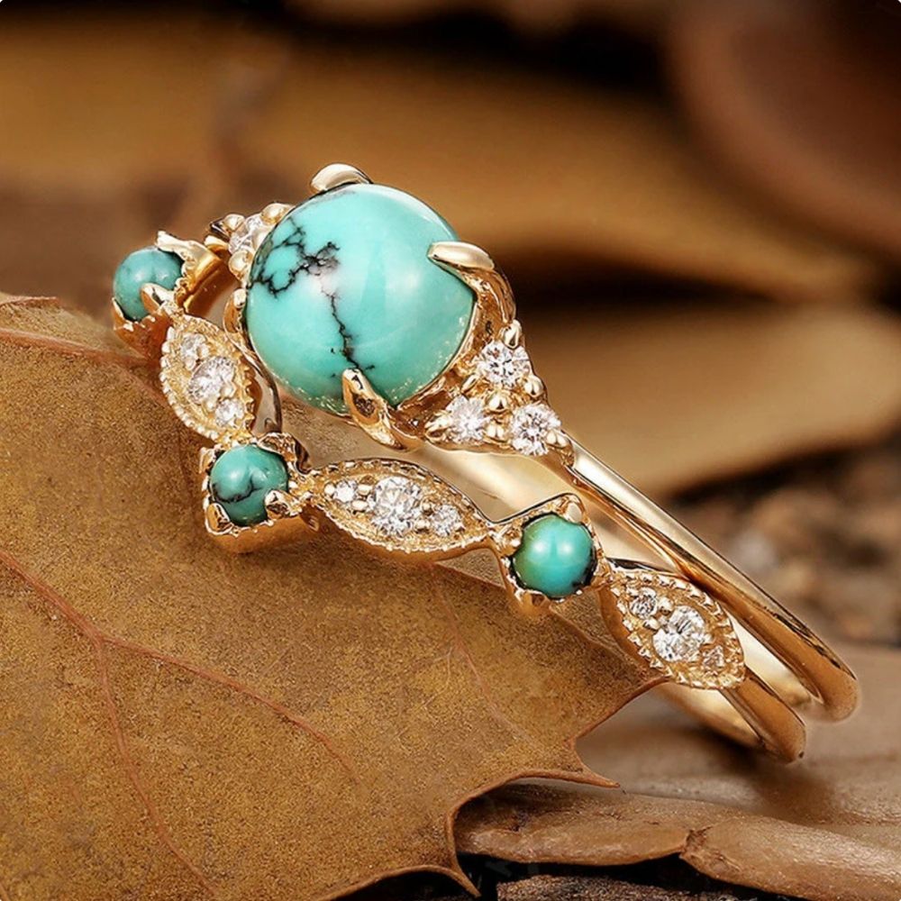 CONJUNTO AUREVA TURQUESA CORONA ORO ANILLO
