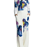 Conjunto de blusa de gola redonda e calça com estampa parcial em blocos de cores