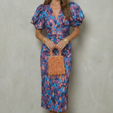 Valerissa – Bold abstract statement – Puff sleeve midi dress