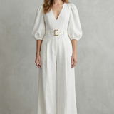 Velmora – Elegant belted puff sleeve – Wide leg jumpsuit