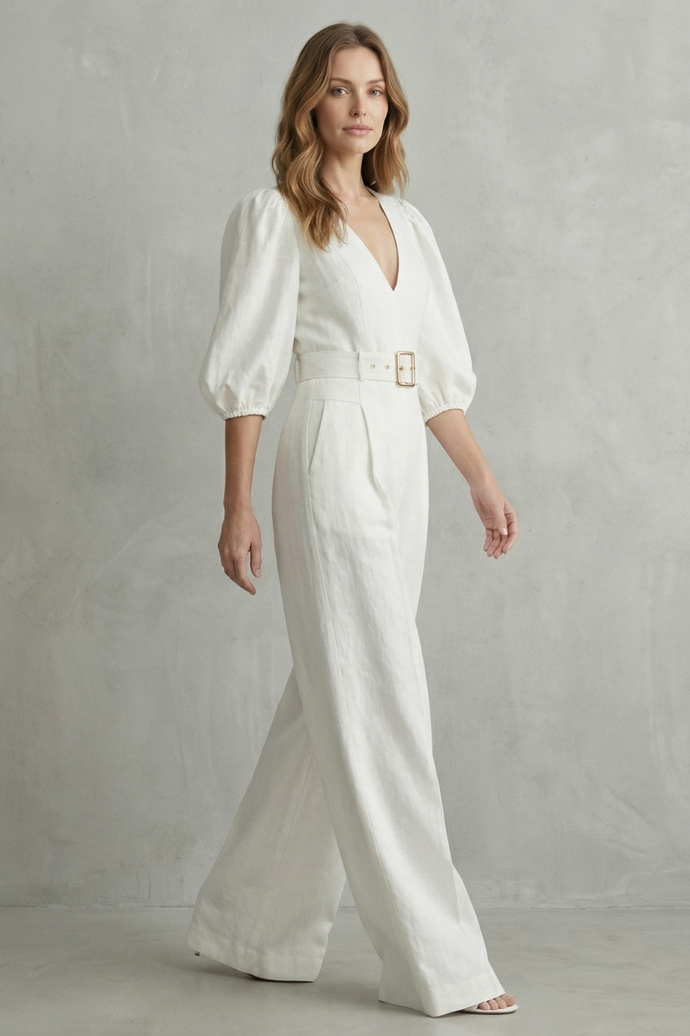 Velmora – Elegant belted puff sleeve – Wide leg jumpsuit