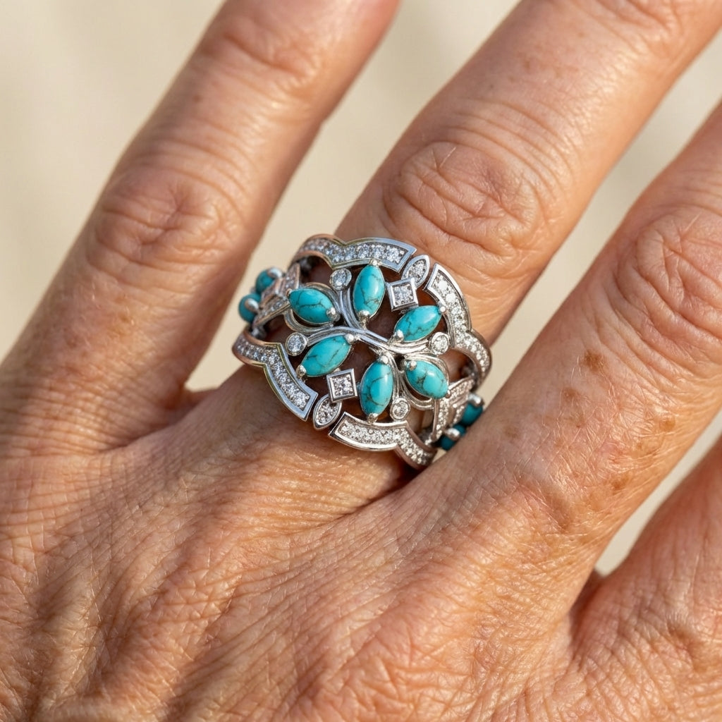 ANILLO VINTAGE BOHEMIO TURQUESA FLORAL RACIMO