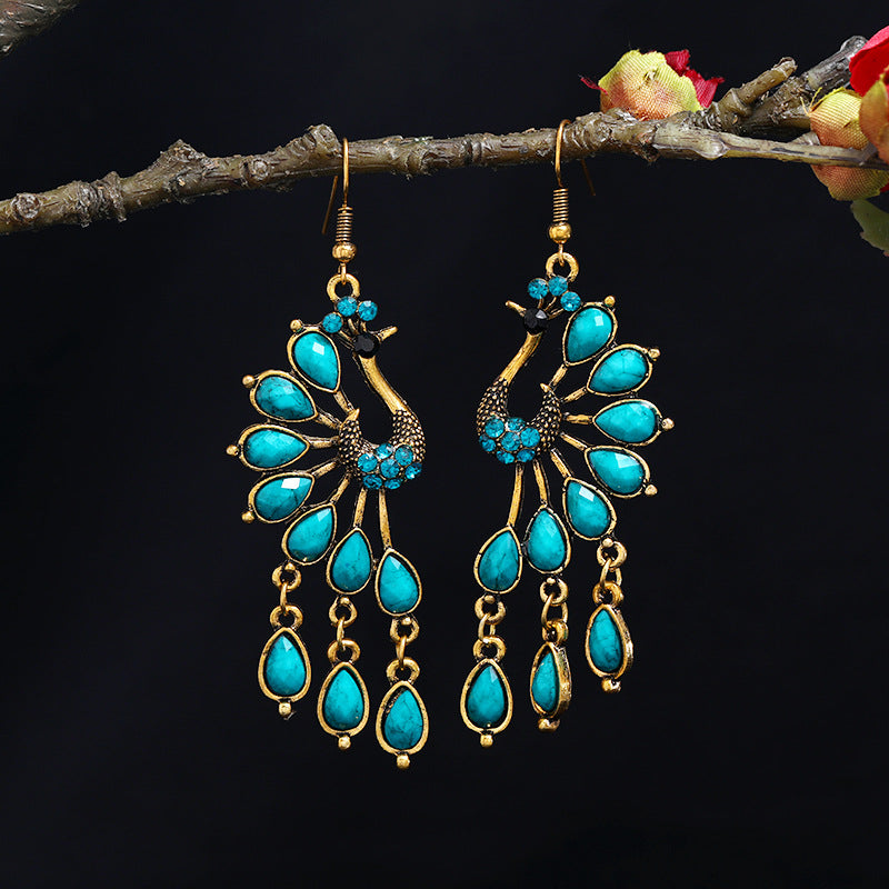 PENDIENTES VINTAGE BOHEMIO WESTERN STYLE SUPERPUESTO POMPON TURQUESA