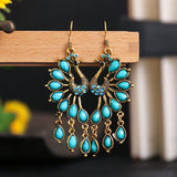 PENDIENTES VINTAGE BOHEMIO WESTERN STYLE SUPERPUESTO POMPON TURQUESA