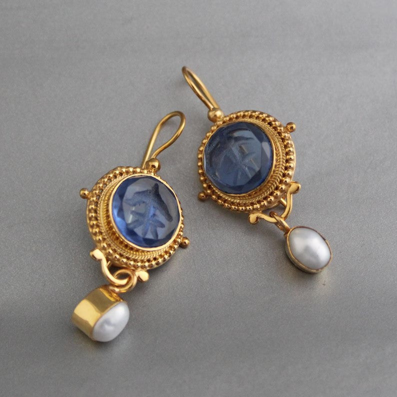 PENDIENTES VINTAGE PROFOND AZUL CRISTAL & PERLA