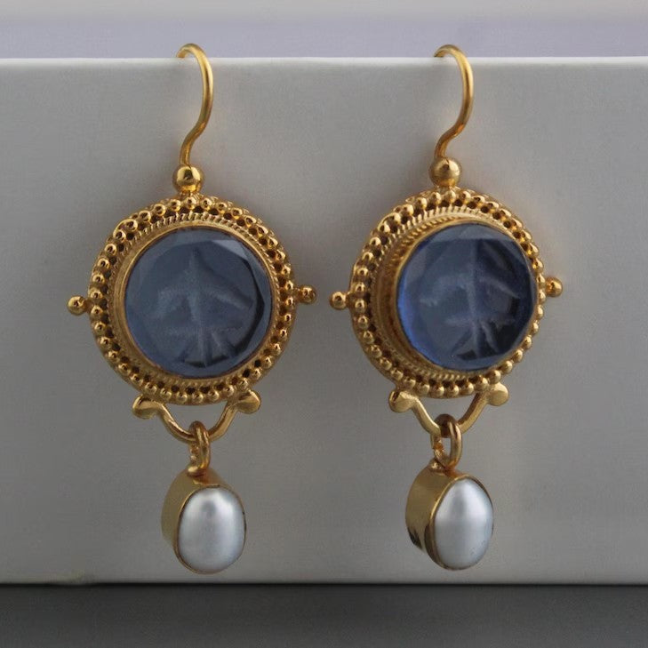 PENDIENTES VINTAGE PROFOND AZUL CRISTAL & PERLA