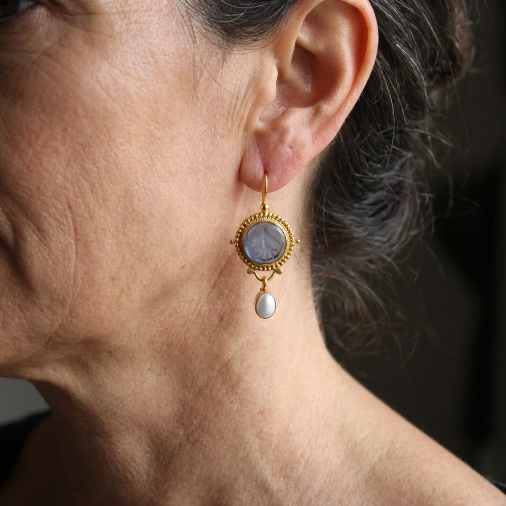 PENDIENTES VINTAGE PROFOND AZUL CRISTAL & PERLA