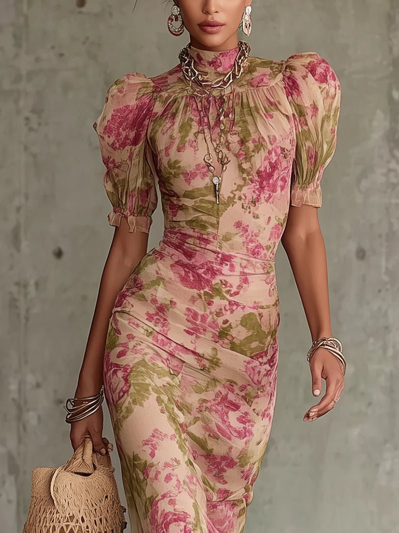 VESTIDO MAXI FLORAL CON MANGAS ABULLONADAS - VALERINA MARBELLA