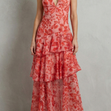 Virella – Crimson blossom layers – Tiered chiffon maxi dress