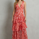 Virella – Crimson blossom layers – Tiered chiffon maxi dress