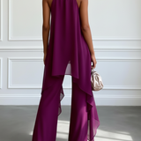 Purple Halter Sleeveless Elegant Top With Pants Two-Piece Set