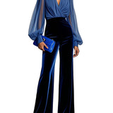 MONO DE TERCIOPELO AZUL CON MALLA Y ESCOTE EN V