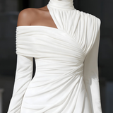 VESTIDO MIDI ASIMÉTRICO BLANCO CON CUELLO ALTO