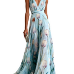 Light Blue Floral Print Chiffon V-neck Sleeveless Maxi Dress