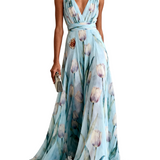 Light Blue Floral Print Chiffon V-neck Sleeveless Maxi Dress