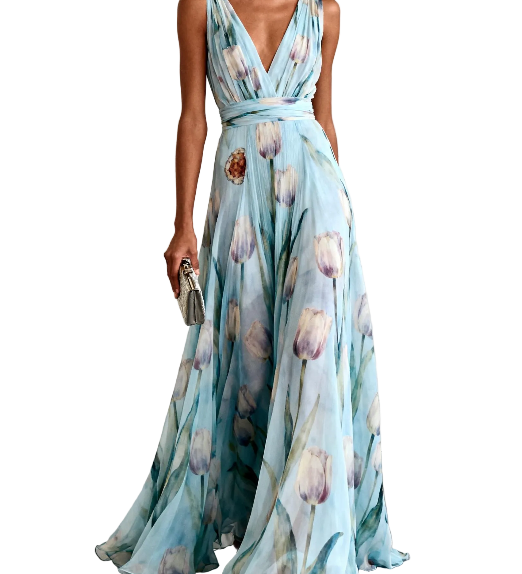 Light Blue Floral Print Chiffon V-neck Sleeveless Maxi Dress