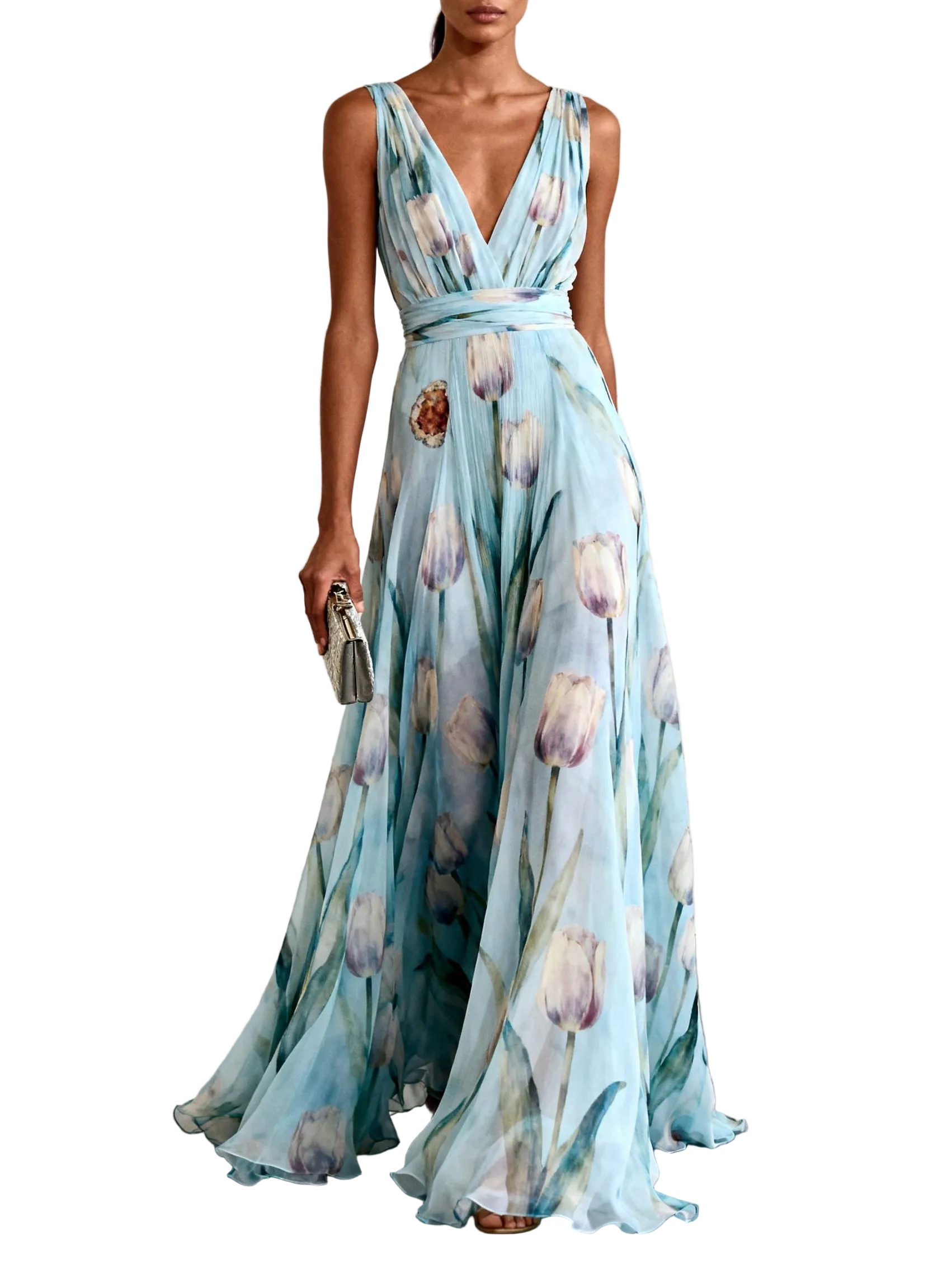 Light Blue Floral Print Chiffon V-neck Sleeveless Maxi Dress