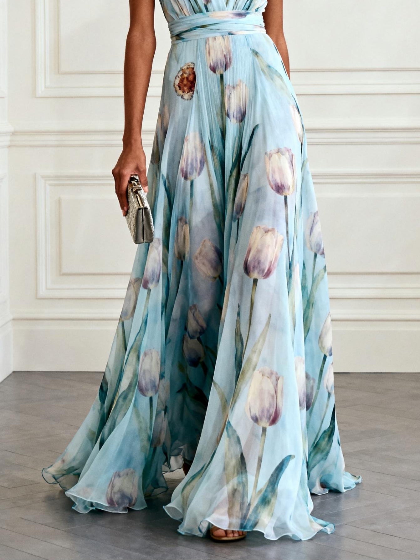 Light Blue Floral Print Chiffon V-neck Sleeveless Maxi Dress