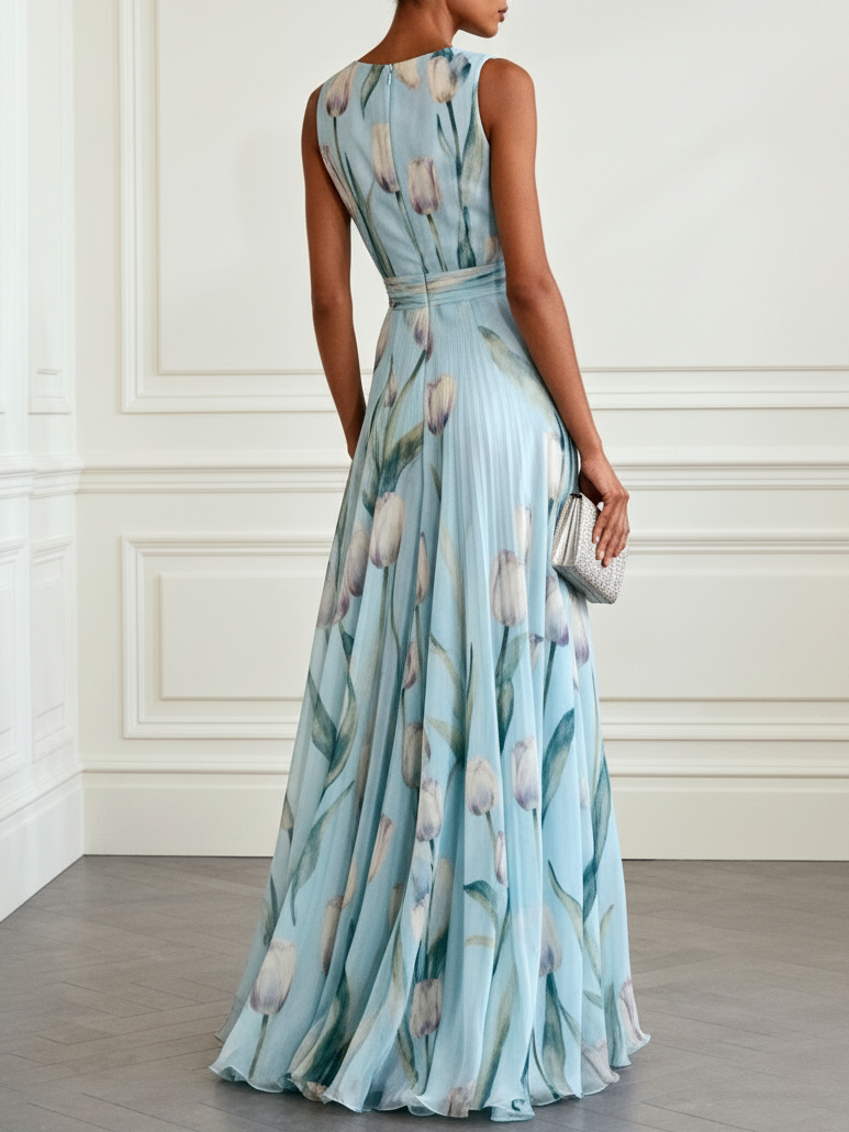 Light Blue Floral Print Chiffon V-neck Sleeveless Maxi Dress