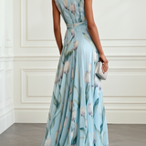 Light Blue Floral Print Chiffon V-neck Sleeveless Maxi Dress