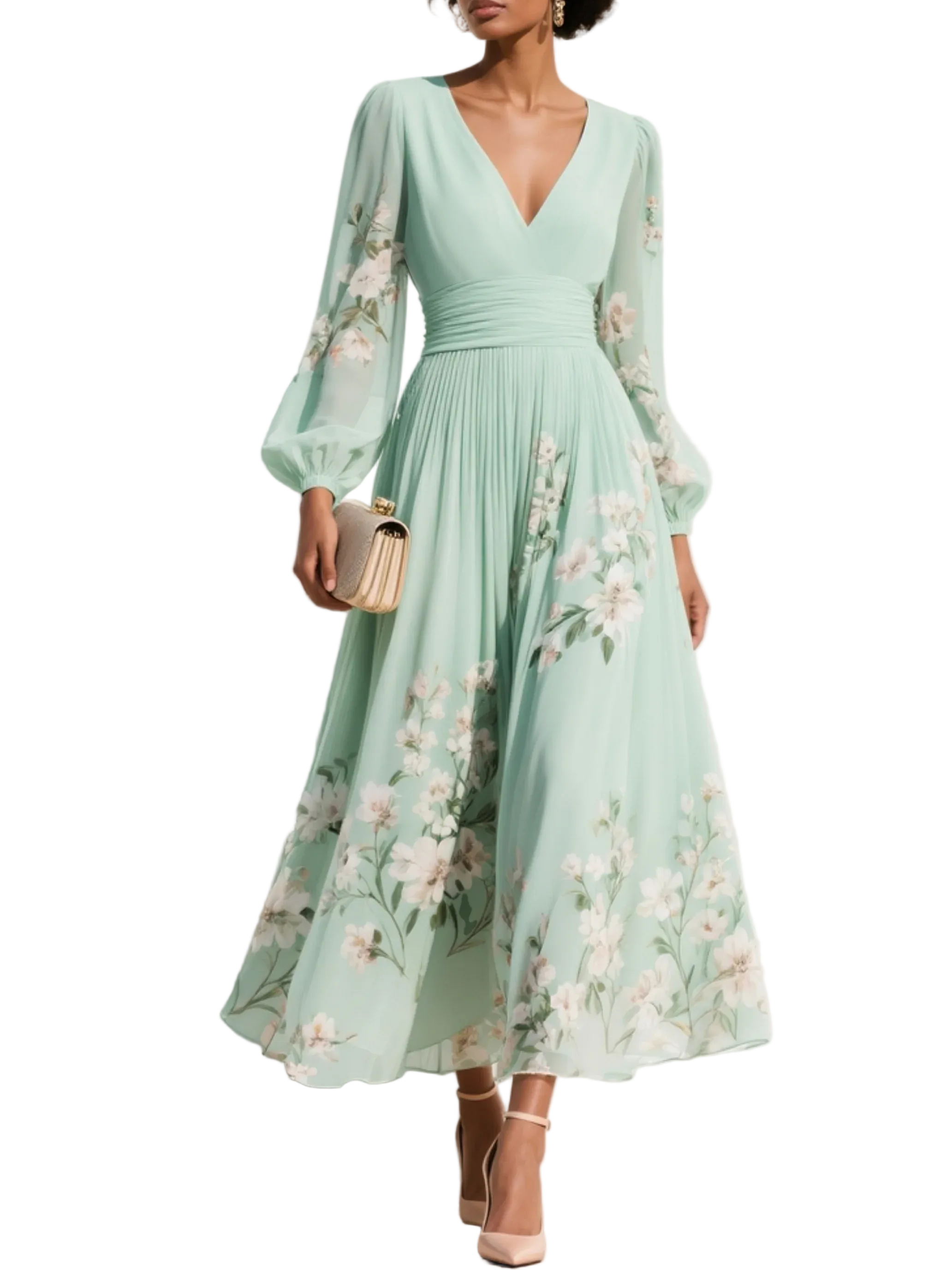 Vestido midi floral plissado em chiffon verde claro com decote em V