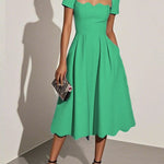 Black Irregular Craftsmanship Classic Square Neck Short Sleeve A-Line Midi Dress