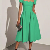 Black Irregular Craftsmanship Classic Square Neck Short Sleeve A-Line Midi Dress