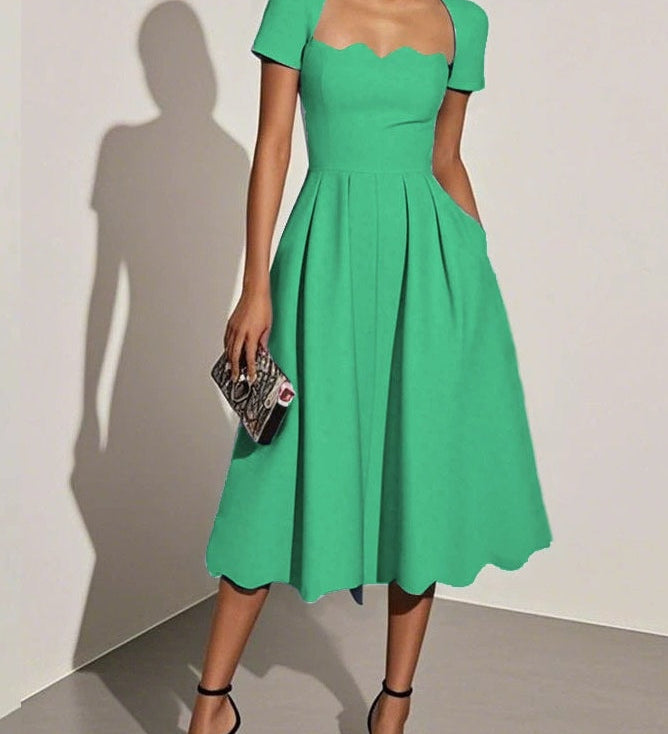 Black Irregular Craftsmanship Classic Square Neck Short Sleeve A-Line Midi Dress