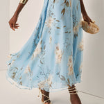 Vestido longo azul claro floral plissado em chiffon com um ombro só