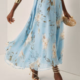 Vestido longo azul claro floral plissado em chiffon com um ombro só