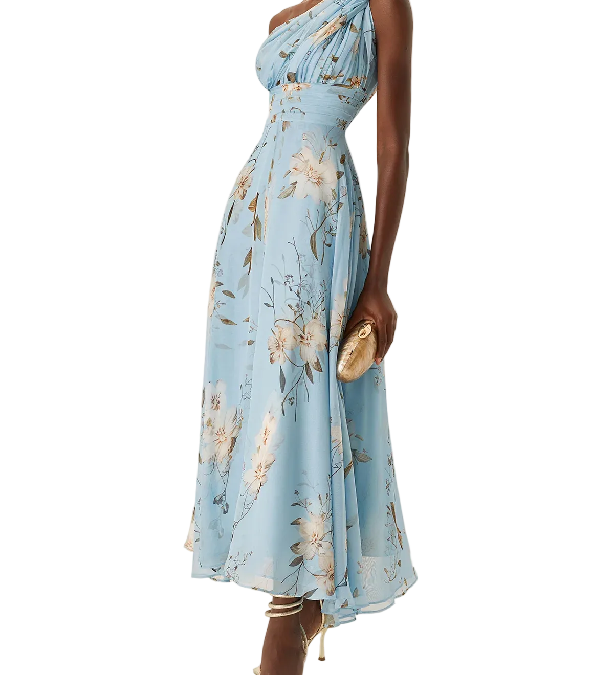 Vestido longo azul claro floral plissado em chiffon com um ombro só