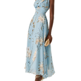 Vestido longo azul claro floral plissado em chiffon com um ombro só