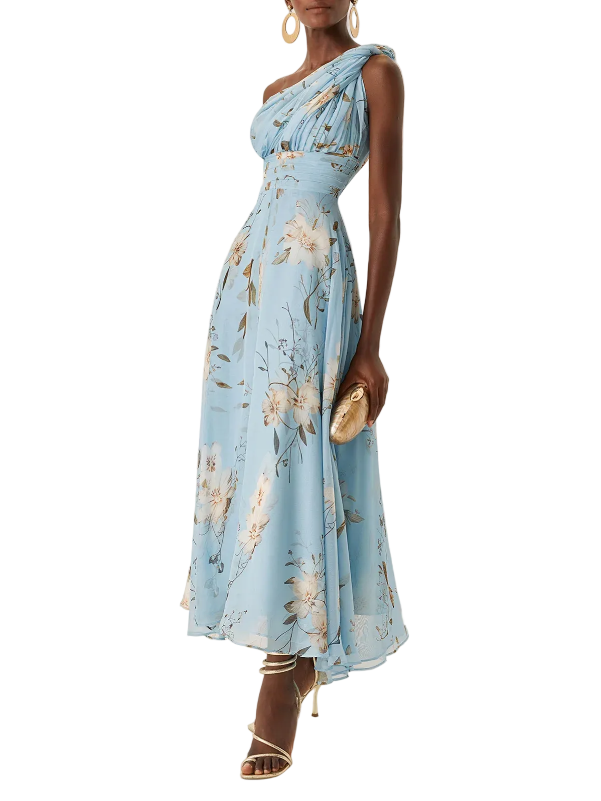 Vestido longo azul claro floral plissado em chiffon com um ombro só