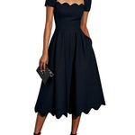 Black Irregular Craftsmanship Classic Square Neck Short Sleeve A-Line Midi Dress