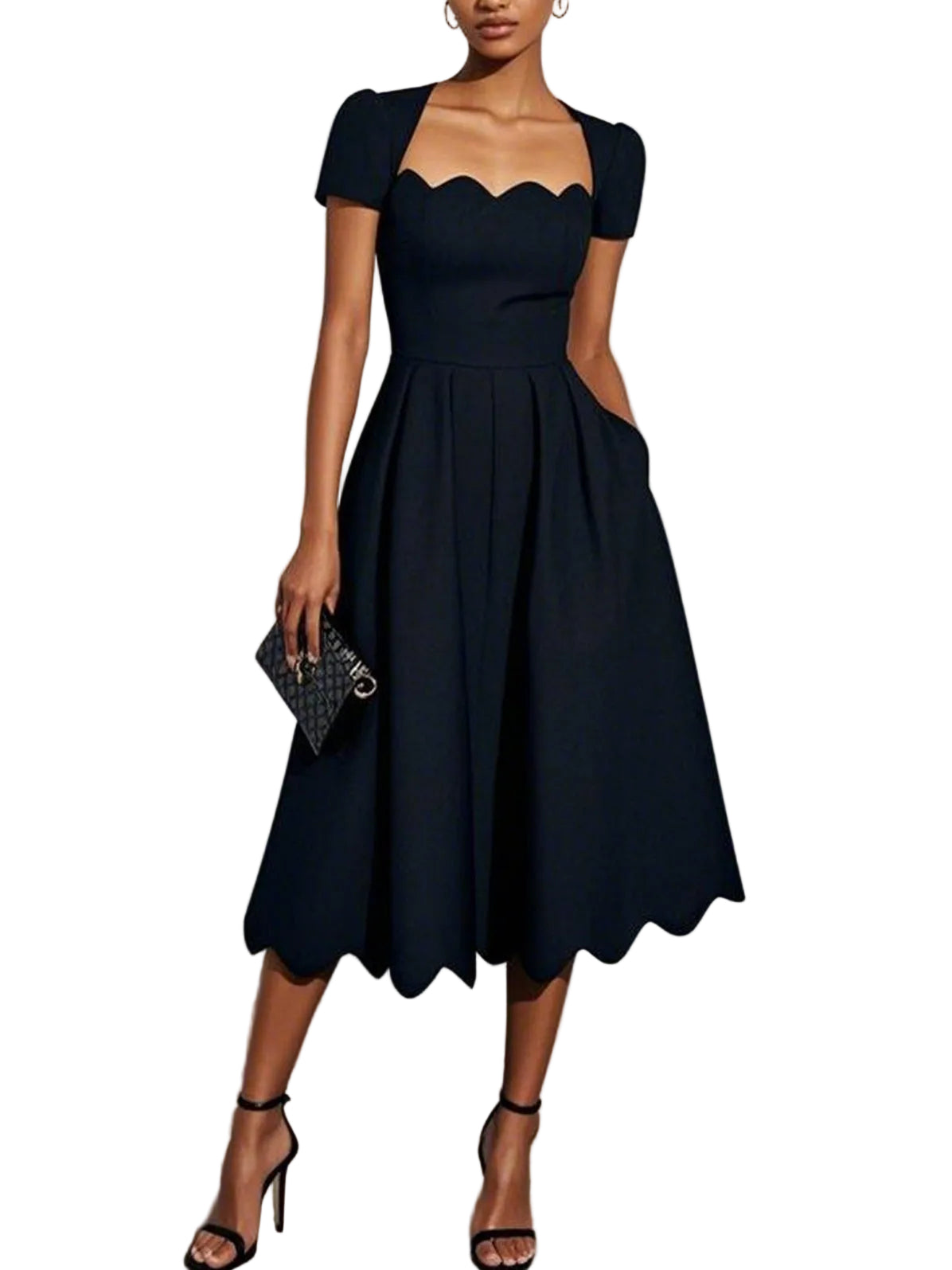 Black Irregular Craftsmanship Classic Square Neck Short Sleeve A-Line Midi Dress