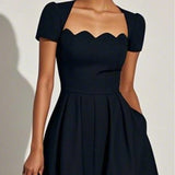 Black Irregular Craftsmanship Classic Square Neck Short Sleeve A-Line Midi Dress